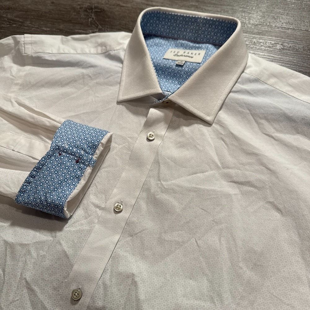 Ted Baker Dress Shirt Mens 17 32/33 White Geometric Cotton Preppy Heritage Dress